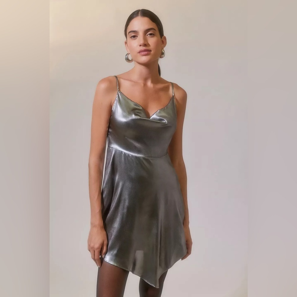 Silver UO Mallory Metallic Asymmetrical Slip Dress NWT